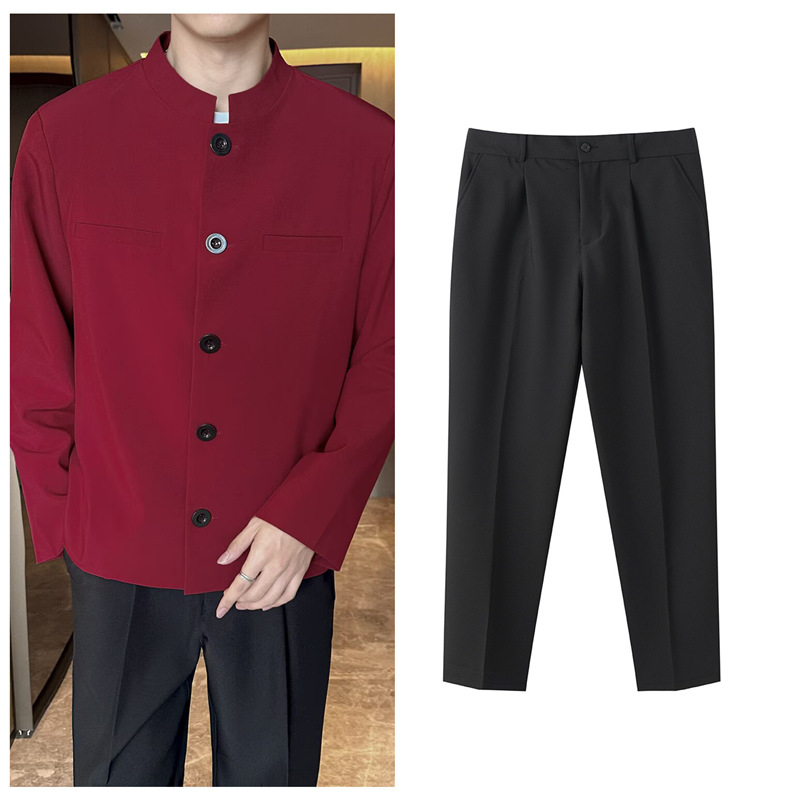 Set costum bărbați cu guler înalt pentru nuntă – sacou și pantaloni, închidere cu un nasture, croială slim, poliester 96%