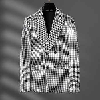 Muško sako s dvostrukim kopčanjem, uzorak houndstooth, uski kroj, ljeto 2024, poliester 69% glavna tkanina
