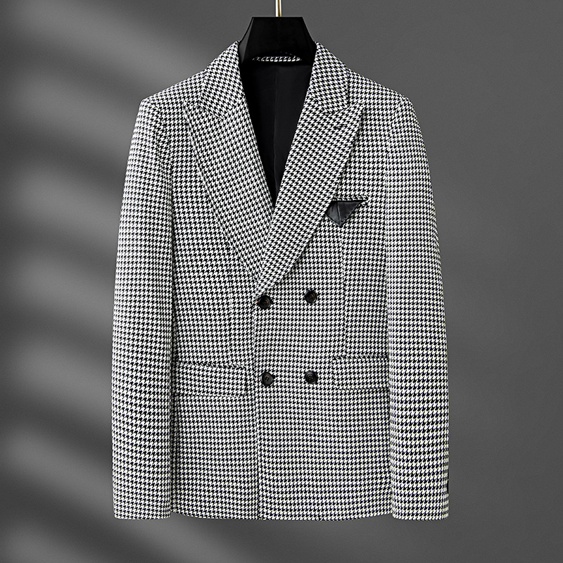 Muško sako s dvostrukim kopčanjem, uzorak houndstooth, uski kroj, ljeto 2024, poliester 69% glavna tkanina