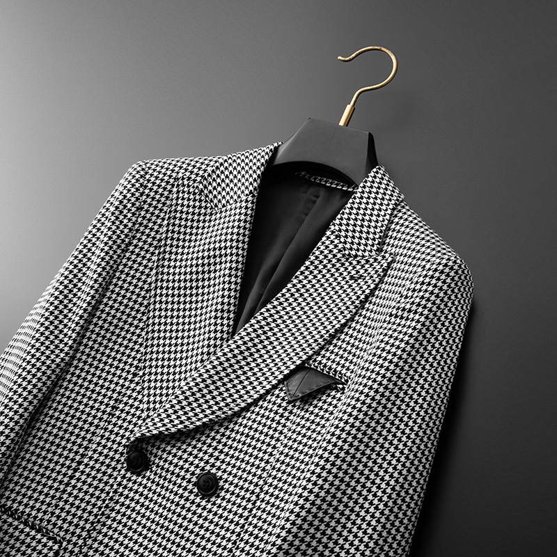Muško sako s dvostrukim kopčanjem, uzorak houndstooth, uski kroj, ljeto 2024, poliester 69% glavna tkanina