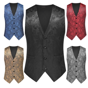 Muški prsluk, uski kroj, V-izrez, jednosrani gumbi, žakard uzorak, ugrađene džepove