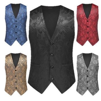 Muški prsluk, uski kroj, V-izrez, jednosrani gumbi, žakard uzorak, ugrađene džepove