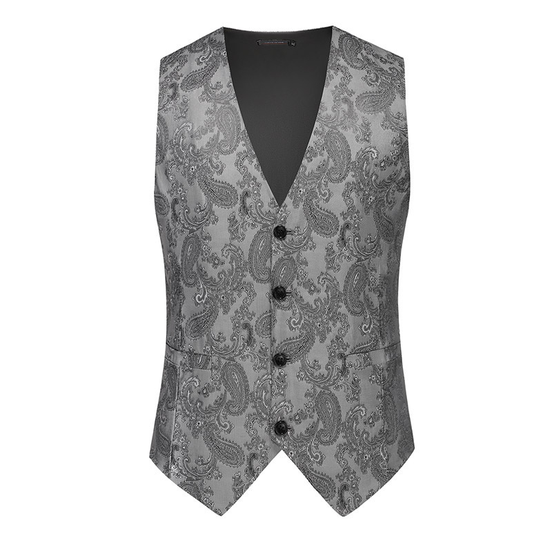 Muški prsluk, uski kroj, V-izrez, jednosrani gumbi, žakard uzorak, ugrađene džepove