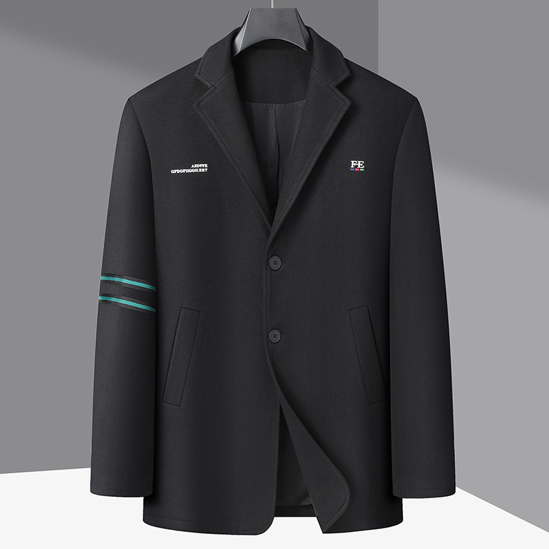 Férfi casual öltönydzseki, laza szabás, zakó gallér, kétgombos elülső zárás, kopásálló poliészter-keverék anyag, könnyű üzleti stílus