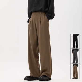 Férfiaknak szánt lazán szabott egyenes, széles szárú nadrág, üzleti stílus, poliészter 91–95% kémiai rostok keveréke, vasalásmentes, tavasz–őszre