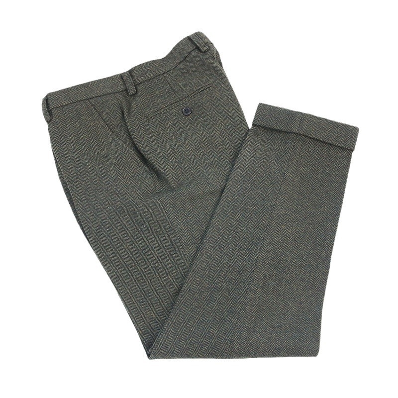 Muške hlače s manžetom, vuneni tweed s uzorkom herringbone, slim fit, zimski stil