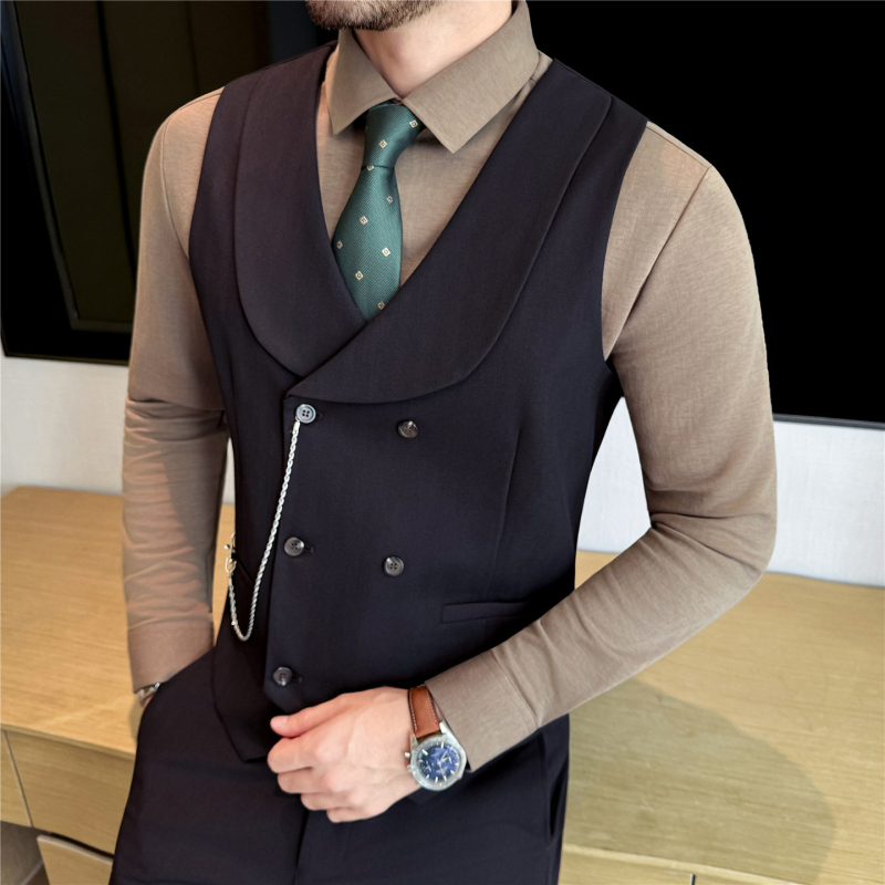 Muška slim-fit dvostruka prsluk s ovratnikom, jesenska teža smjesa poliester-viskoza-spandeks, džepovi s applique detaljima