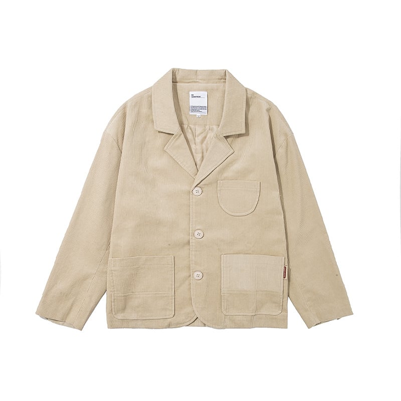 Pamukasti corduroy ležerni sako, japanski stil, opuštena silueta, ovratnik Lapel, jednodjelna trogumba kopča, proljeće