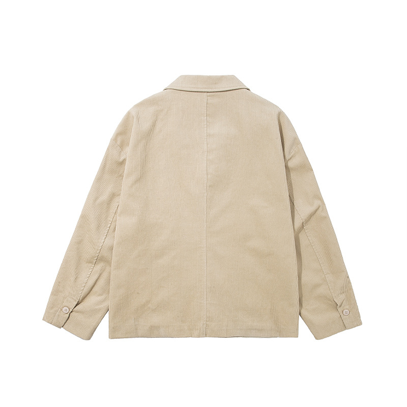 Pamukasti corduroy ležerni sako, japanski stil, opuštena silueta, ovratnik Lapel, jednodjelna trogumba kopča, proljeće