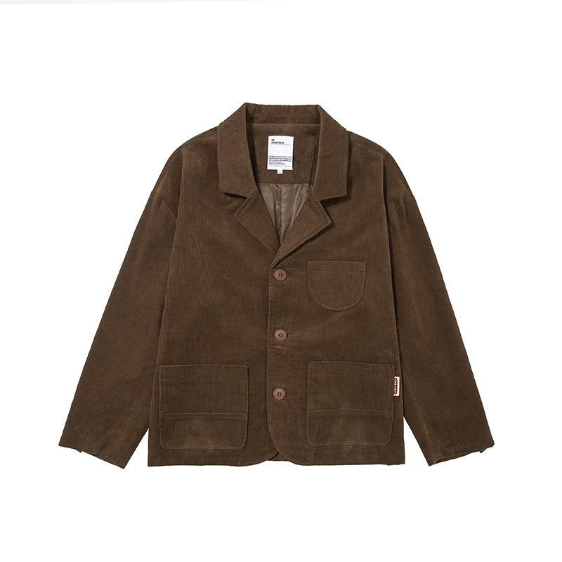 Pamukasti corduroy ležerni sako, japanski stil, opuštena silueta, ovratnik Lapel, jednodjelna trogumba kopča, proljeće