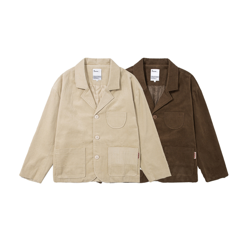 Pamukasti corduroy ležerni sako, japanski stil, opuštena silueta, ovratnik Lapel, jednodjelna trogumba kopča, proljeće