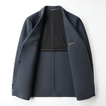 Costum bărbătesc din lână cu două fețe - croială slim, model în dungă, 70% lână, nasturi pe un rând cu două butoane, căptușeală poliester, pentru iarnă