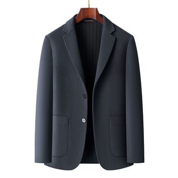 Costum bărbătesc din lână cu două fețe - croială slim, model în dungă, 70% lână, nasturi pe un rând cu două butoane, căptușeală poliester, pentru iarnă