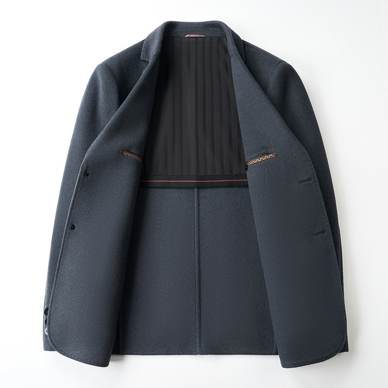 Costum bărbătesc din lână cu două fețe - croială slim, model în dungă, 70% lână, nasturi pe un rând cu două butoane, căptușeală poliester, pentru iarnă