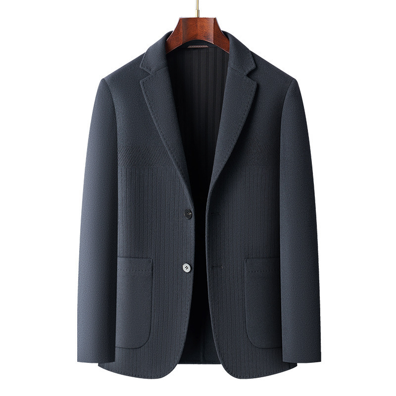 Costum bărbătesc din lână cu două fețe - croială slim, model în dungă, 70% lână, nasturi pe un rând cu două butoane, căptușeală poliester, pentru iarnă