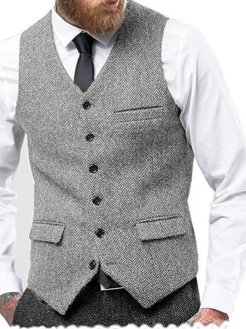 Muški prsluk za sako, jednosrtano kopčanje, V-izrez, tkanina herringbone tweed, slim fit