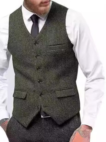 Muški prsluk za sako, jednosrtano kopčanje, V-izrez, tkanina herringbone tweed, slim fit