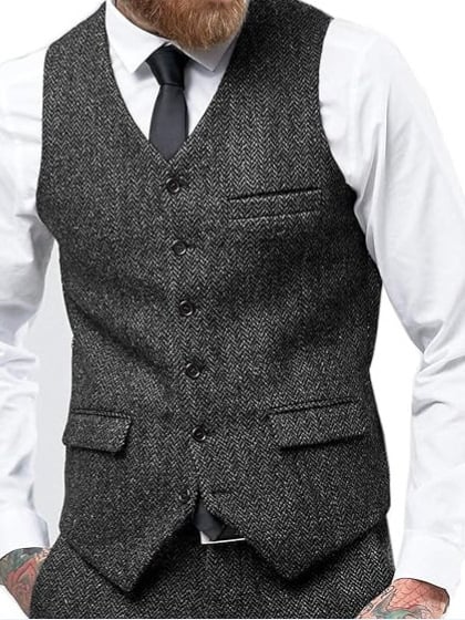 Muški prsluk za sako, jednosrtano kopčanje, V-izrez, tkanina herringbone tweed, slim fit