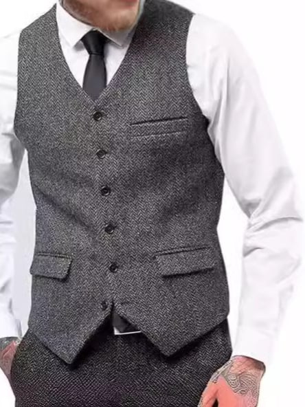 Muški prsluk za sako, jednosrtano kopčanje, V-izrez, tkanina herringbone tweed, slim fit