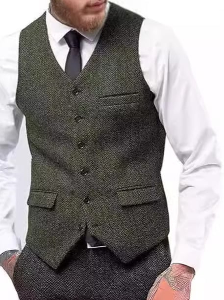 Muški prsluk za sako, jednosrtano kopčanje, V-izrez, tkanina herringbone tweed, slim fit