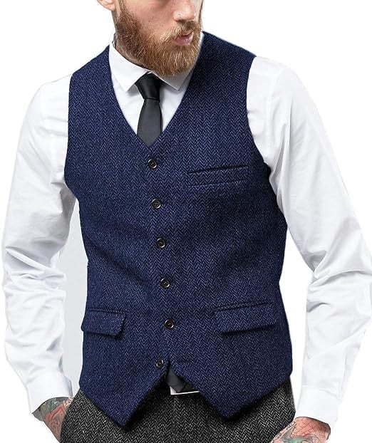 Muški prsluk za sako, jednosrtano kopčanje, V-izrez, tkanina herringbone tweed, slim fit