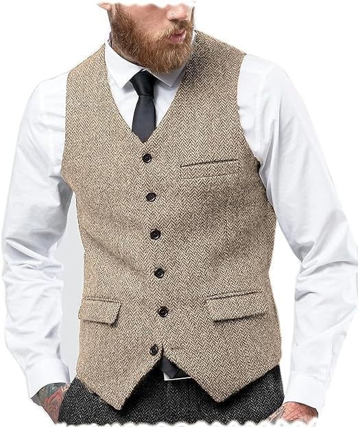 Muški prsluk za sako, jednosrtano kopčanje, V-izrez, tkanina herringbone tweed, slim fit