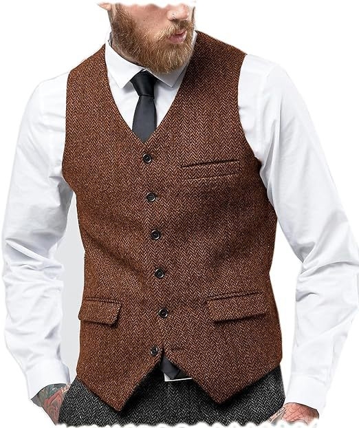 Muški prsluk za sako, jednosrtano kopčanje, V-izrez, tkanina herringbone tweed, slim fit