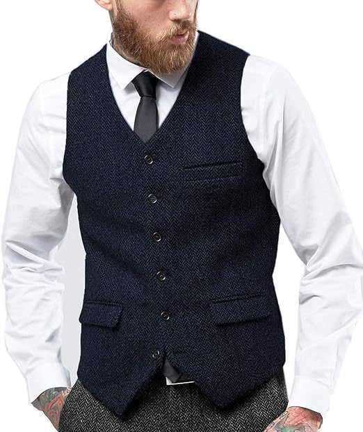 Muški prsluk za sako, jednosrtano kopčanje, V-izrez, tkanina herringbone tweed, slim fit