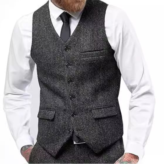 Muški prsluk za sako, jednosrtano kopčanje, V-izrez, tkanina herringbone tweed, slim fit