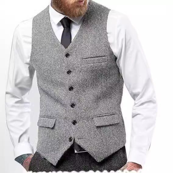 Muški prsluk za sako, jednosrtano kopčanje, V-izrez, tkanina herringbone tweed, slim fit