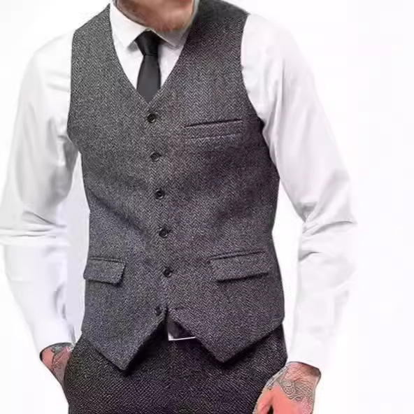 Muški prsluk za sako, jednosrtano kopčanje, V-izrez, tkanina herringbone tweed, slim fit