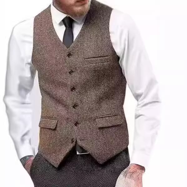 Muški prsluk za sako, jednosrtano kopčanje, V-izrez, tkanina herringbone tweed, slim fit