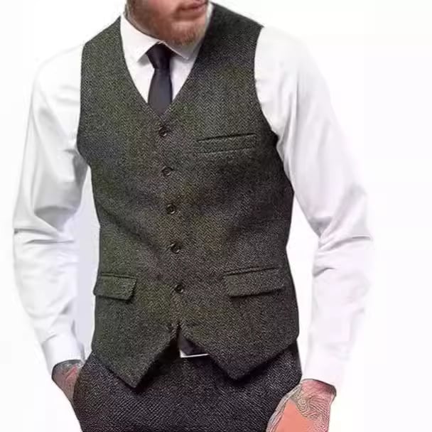 Muški prsluk za sako, jednosrtano kopčanje, V-izrez, tkanina herringbone tweed, slim fit