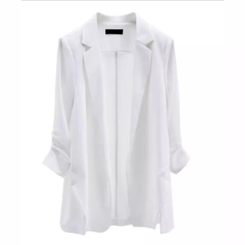 Plusz méretű női nyári napvédő zakó, laza szabás, 3/4-es ujjak szirmu formájú ujjak; anyag: akril rost; fő szövet: regenerált cellulóz rost