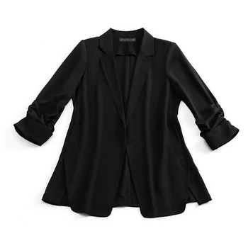 Plusz méretű női nyári napvédő zakó, laza szabás, 3/4-es ujjak szirmu formájú ujjak; anyag: akril rost; fő szövet: regenerált cellulóz rost