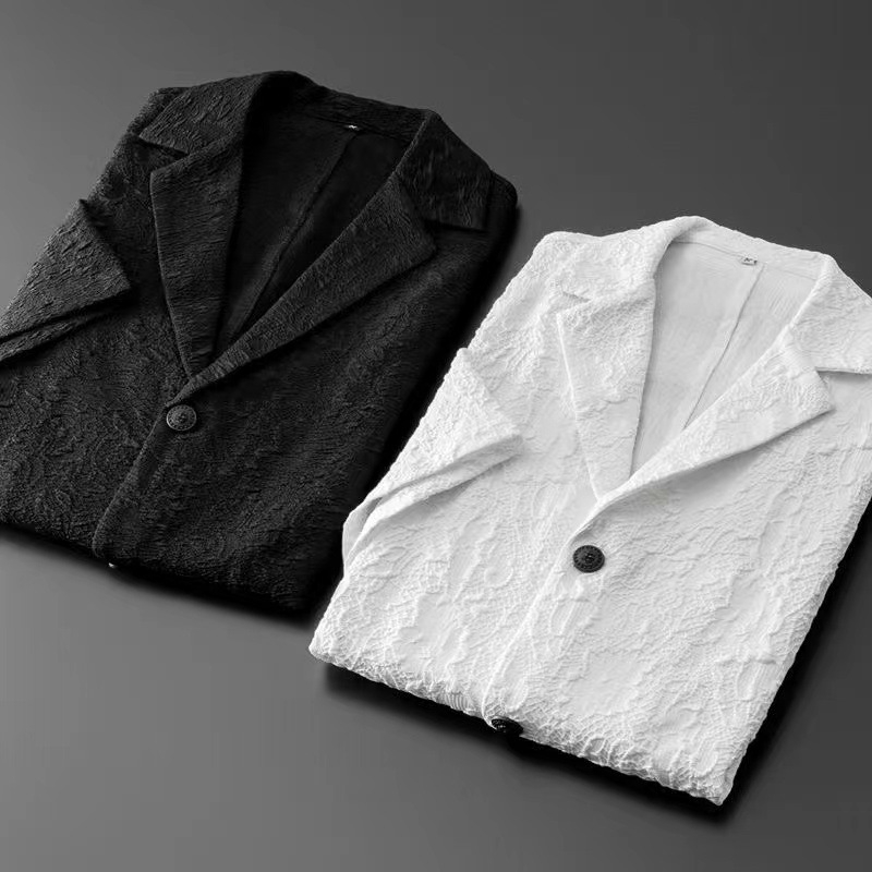 Muški ljetni kostim u korejskom stilu, slim-fit, dva dijela, kratki rukavi, plosnati ovratnik, tri gumba za kopčanje, tanka tkanina, 65% acetat vlakna