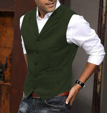 Muški vuneni prsluk za poslovni odijelo – uski kroj, V-izrez, jednodijelno kopčanje, džepovi s patch