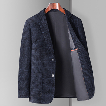 Slim-fit blejzer od poliestera kariranog uzorka, ovratnik tipa košulje, jednostrano kopčanje, dugi rukavi