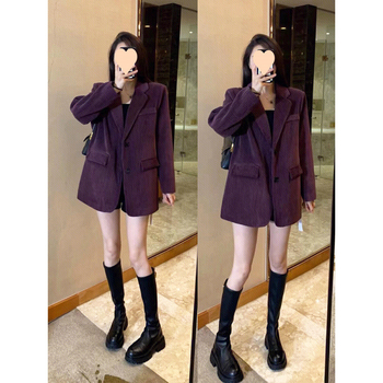 Női corduroy kosztümzakó, utcai stílus, gallér lotuslevel, szirmos ujjak, egy soros záródás, poliészter 90-95%