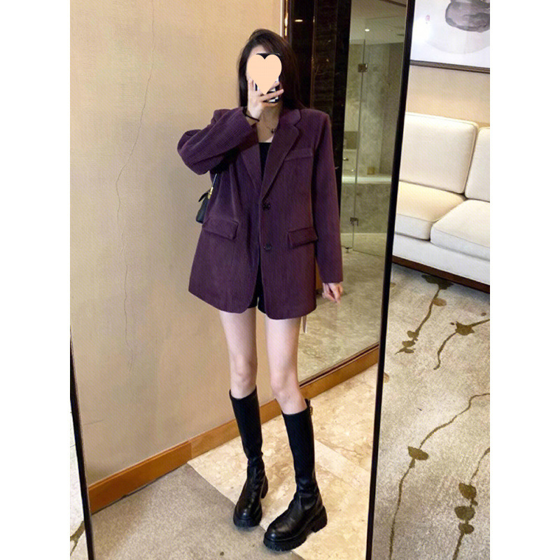 Női corduroy kosztümzakó, utcai stílus, gallér lotuslevel, szirmos ujjak, egy soros záródás, poliészter 90-95%