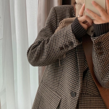 Női akril anyagú houndstooth mintás kosztümkabát, koreai stílusú laza szabás, egygombos zárás, őszi 2025