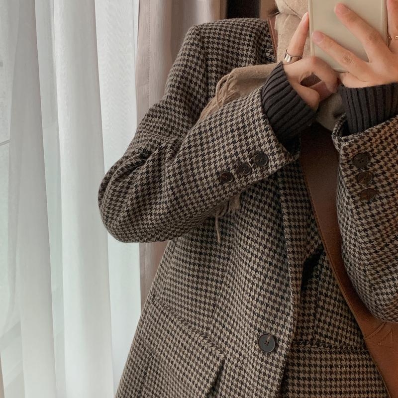 Női akril anyagú houndstooth mintás kosztümkabát, koreai stílusú laza szabás, egygombos zárás, őszi 2025