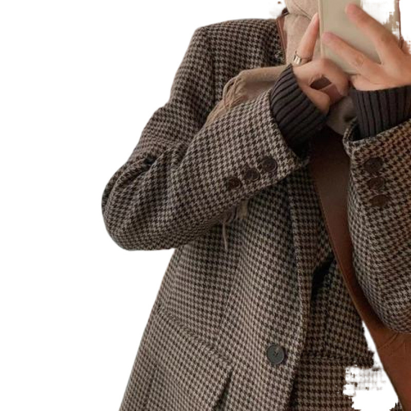 Női akril anyagú houndstooth mintás kosztümkabát, koreai stílusú laza szabás, egygombos zárás, őszi 2025