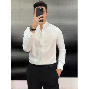 Nova muška bijela košulja sa stojećim ovratnikom, slim fit, poslovno-ležerni stil