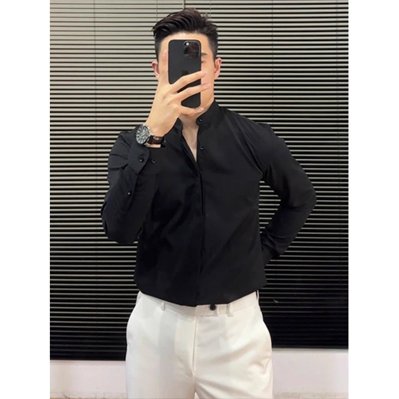 Nova muška bijela košulja sa stojećim ovratnikom, slim fit, poslovno-ležerni stil