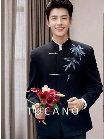 Muško formalno sako kineskog stila sa stojećim ovratnikom, jednoprsno s jednim gumbom, poliester smjesa, gradski stil, 3D patch džepovi