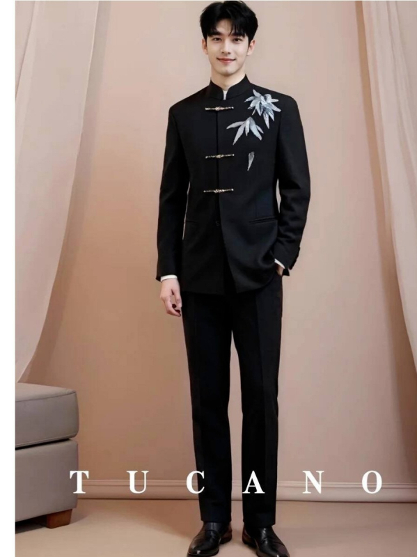 Muško formalno sako kineskog stila sa stojećim ovratnikom, jednoprsno s jednim gumbom, poliester smjesa, gradski stil, 3D patch džepovi