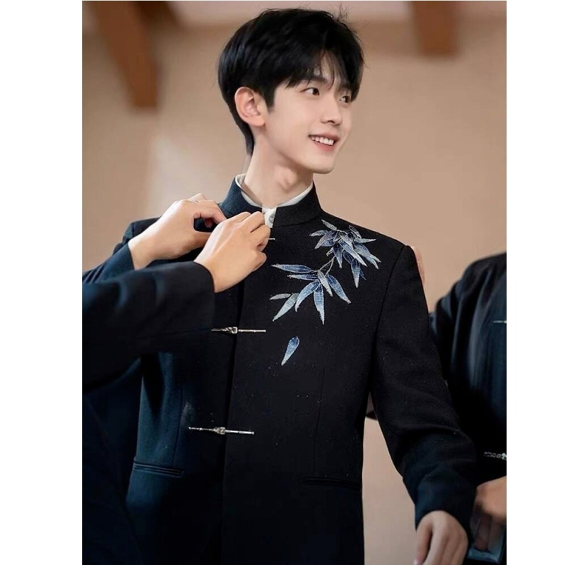 Muško formalno sako kineskog stila sa stojećim ovratnikom, jednoprsno s jednim gumbom, poliester smjesa, gradski stil, 3D patch džepovi
