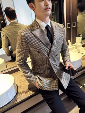 Muško dvostruko sako s uzorkom Houndstooth, Slim fit, Gun Lapel, dvostruka kopča, zimski stil