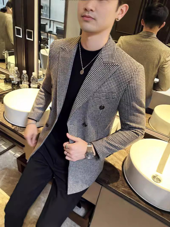 Muško dvostruko sako s uzorkom Houndstooth, Slim fit, Gun Lapel, dvostruka kopča, zimski stil